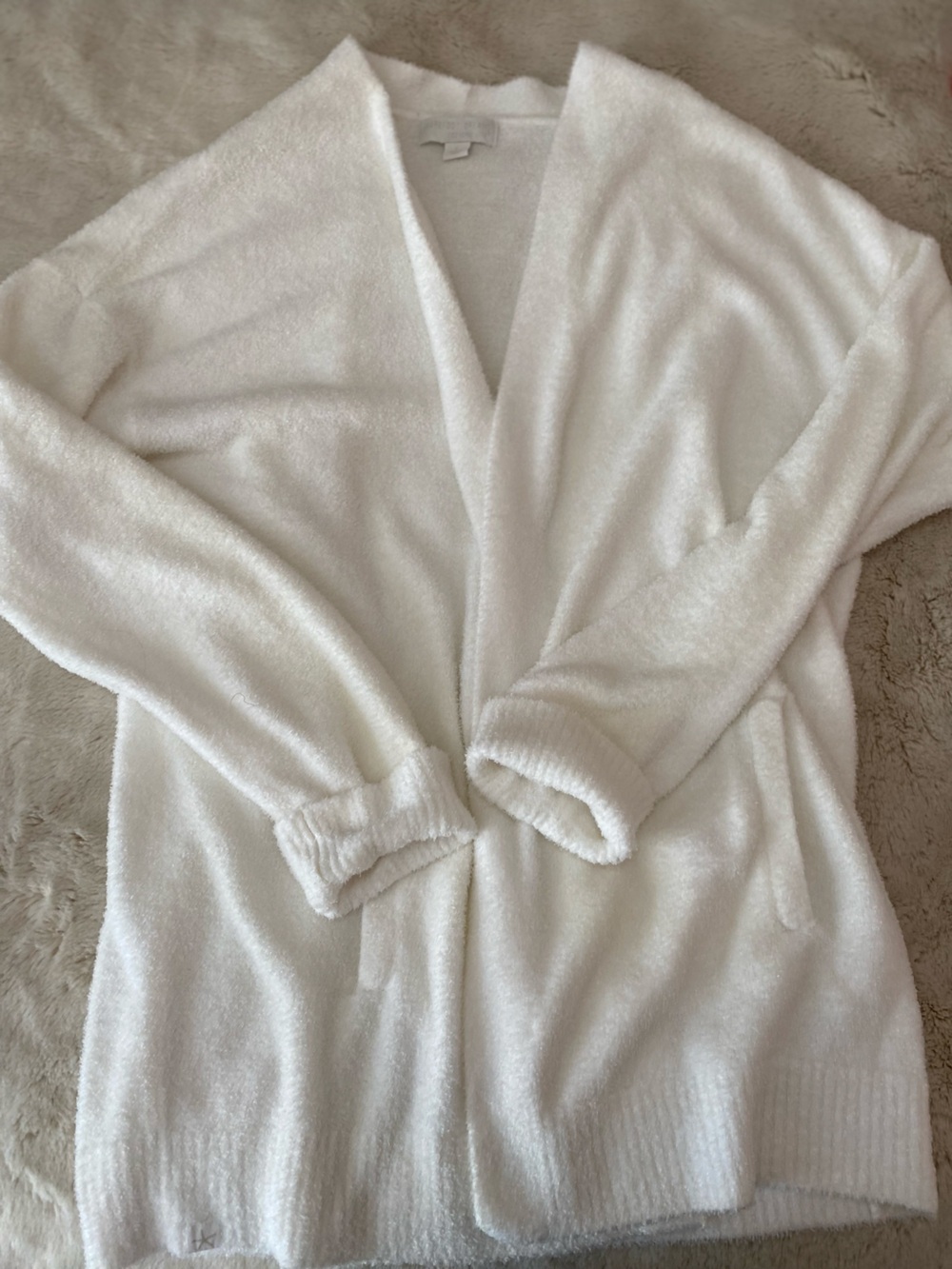 Barefoot Dreams CozyChic Lite ribbed cuff Coastline open front white cardigan